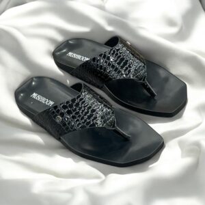 MUSHROOM Croco V-Strap Flats - Black & Brown