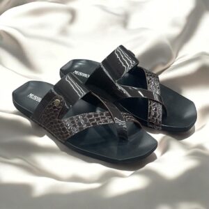 MUSHROOM Croco Cross-Strap Slippers - Black & Brown