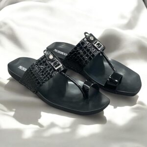 MUSHROOM Croco Kolhapuri Slippers - Black & BROWN