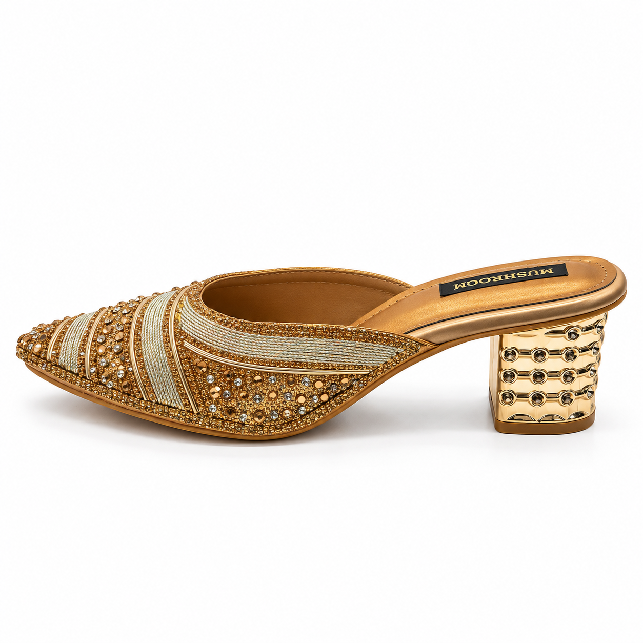 MUSHROOM Women’s Embellished Block Heel Mules