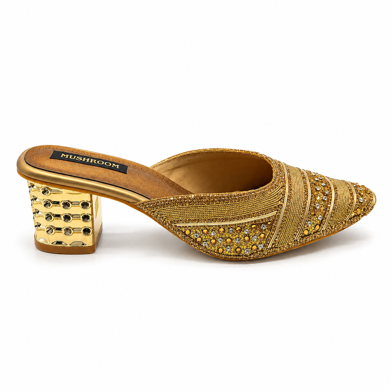 MUSHROOM Women’s Embellished Block Heel Mules