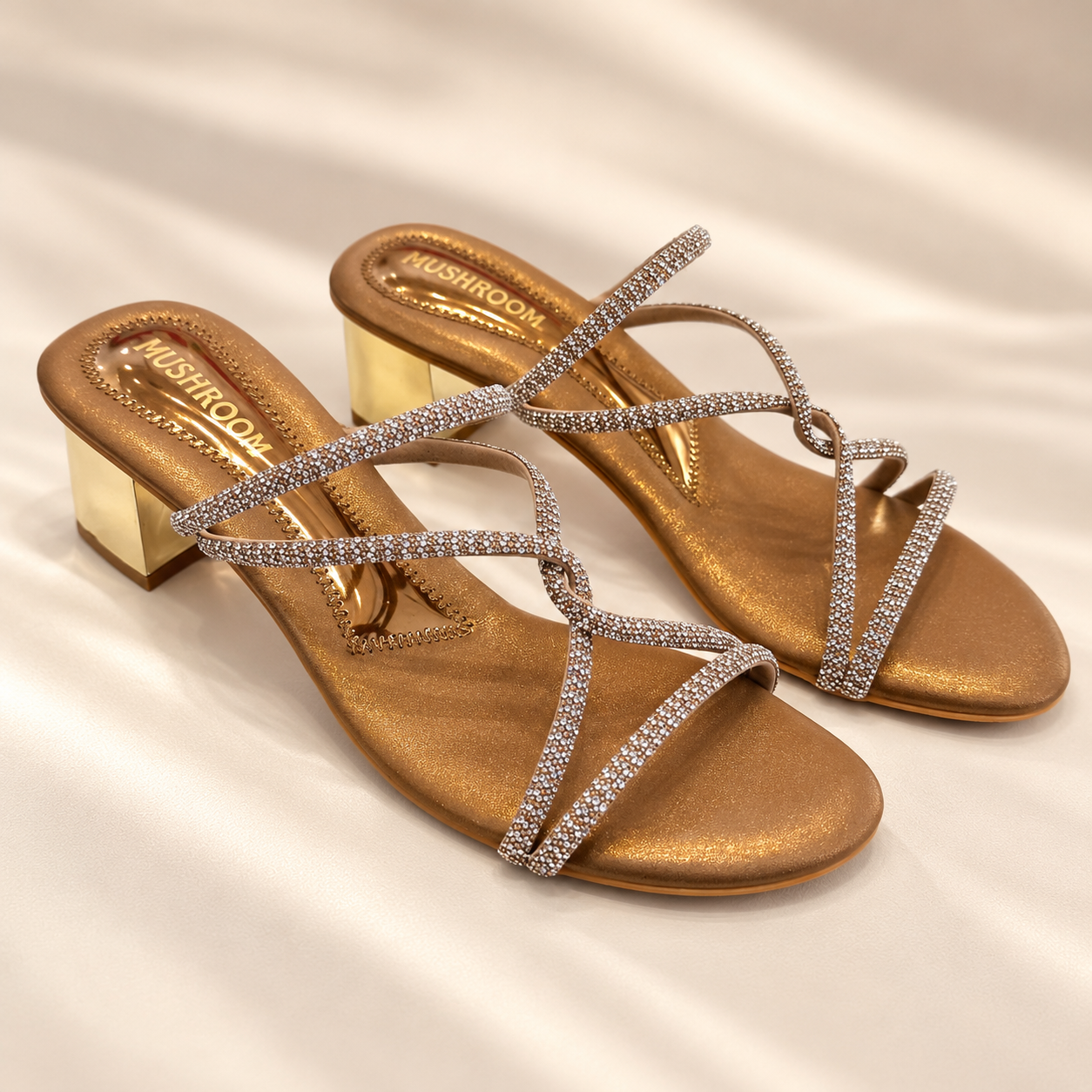 MUSHROOM Women's Metallic Rhinestone Block-Heel Mules