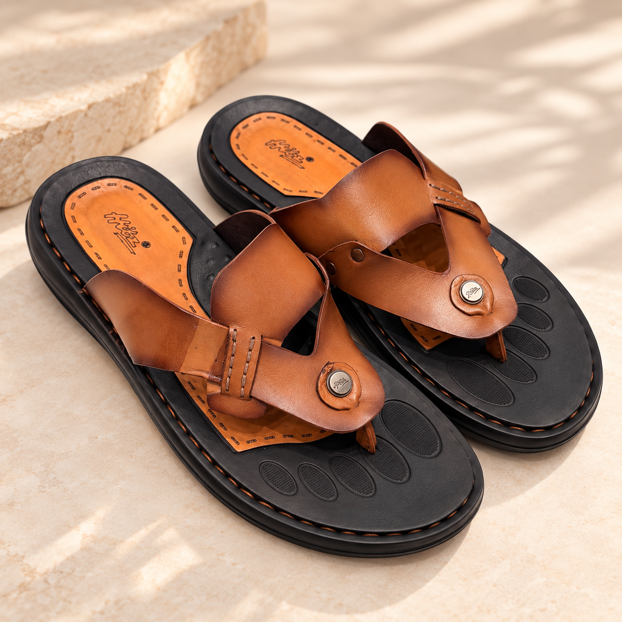 HITZ Men’s Premium Tan Brown Leather Toe-Ring Sandals